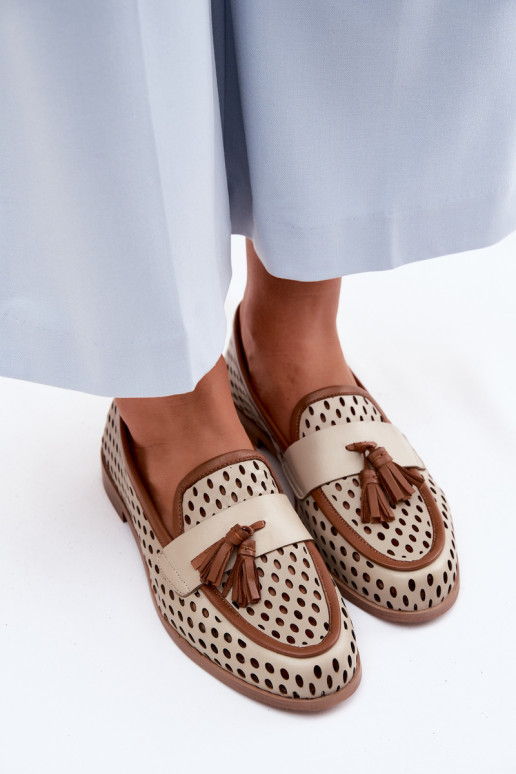 Oda su aužūro elementais batai moteriški mokasinai Tai turiciejka HJ760-14 rudos-smėlio spalvos