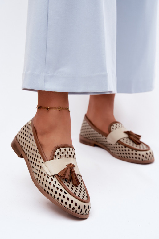 Oda su aužūro elementais batai moteriški mokasinai Tai turiciejka HJ760-14 rudos-smėlio spalvos