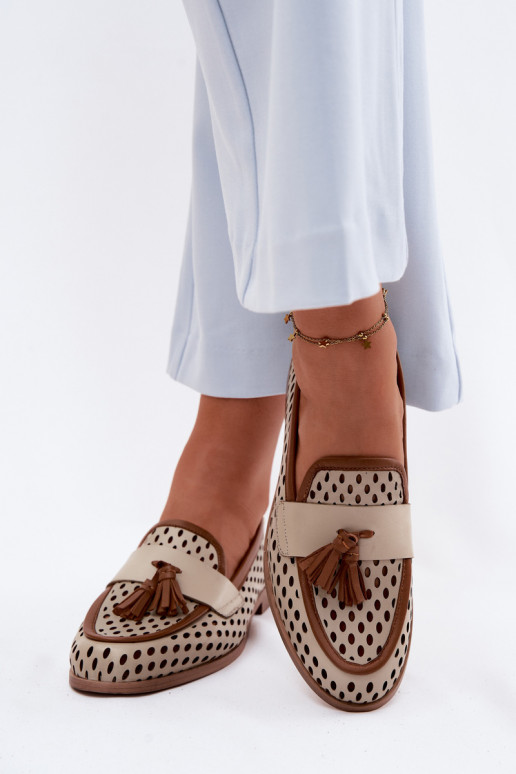 Oda su aužūro elementais batai moteriški mokasinai Tai turiciejka HJ760-14 rudos-smėlio spalvos