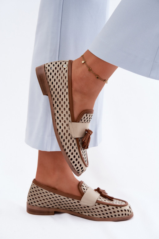 Oda su aužūro elementais batai moteriški mokasinai Tai turiciejka HJ760-14 rudos-smėlio spalvos