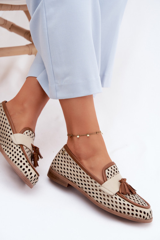 Oda su aužūro elementais batai moteriški mokasinai Tai turiciejka HJ760-14 rudos-smėlio spalvos