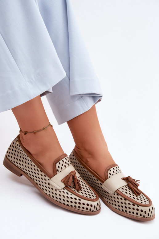 Oda su aužūro elementais batai moteriški mokasinai Tai turiciejka HJ760-14 rudos-smėlio spalvos