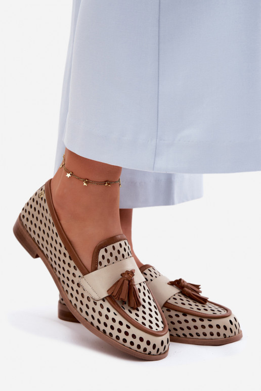 Oda su aužūro elementais batai moteriški mokasinai Tai turiciejka HJ760-14 rudos-smėlio spalvos