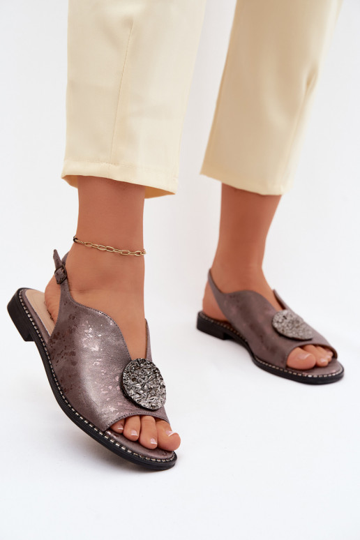 Moteriškos basutės su plačiais kulniukais su ornamentais S.Barski KV61-6035 pilkos spalvos