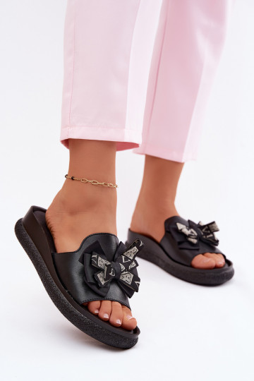 Moteriškos šlepetės natūralios odos su kaspinėliais S.Barski KV61-6061 juodos spalvos 2