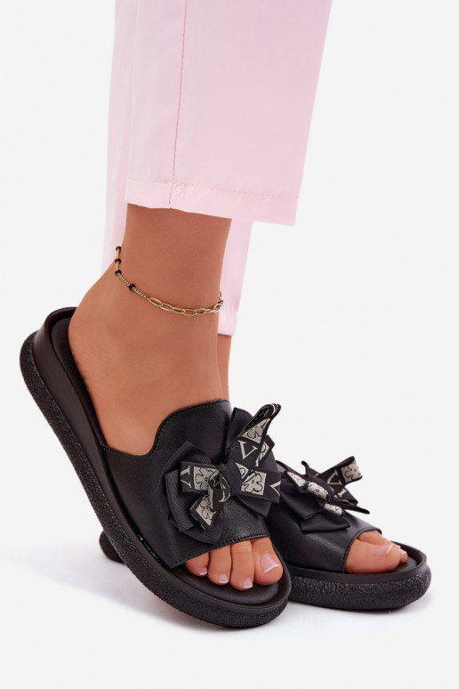 Moteriškos šlepetės natūralios odos su kaspinėliais S.Barski KV61-6061 juodos spalvos