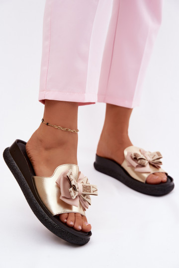 Moteriškos šlepetės natūralios odos su kaspinėliais S.Barski KV61-6061 aukso spalvos 2