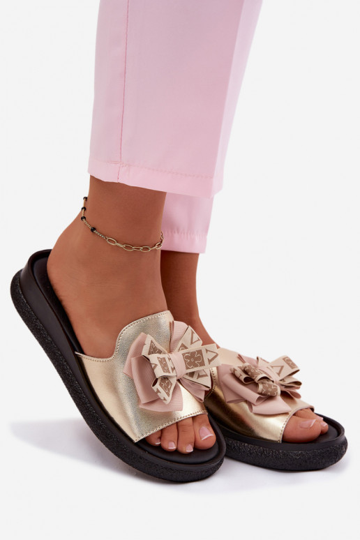 Moteriškos šlepetės natūralios odos su kaspinėliais S.Barski KV61-6061 aukso spalvos