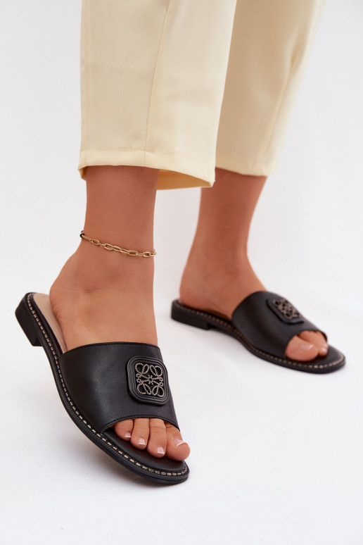 Šlepetės natūralios odos su plačiais kulnais Ozdoba S.Barski KV61-6019 juodos spalvos