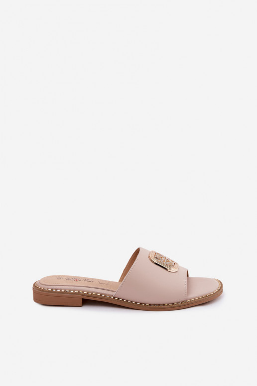 Šlepetės natūralios odos su plačiais kulnais Ozdoba S.Barski KV61-6019 Nude