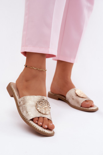 Moteriškos šlepetės Su puošniais Detalem su plačiais kulnais KV61-6034 aukso spalvos 2