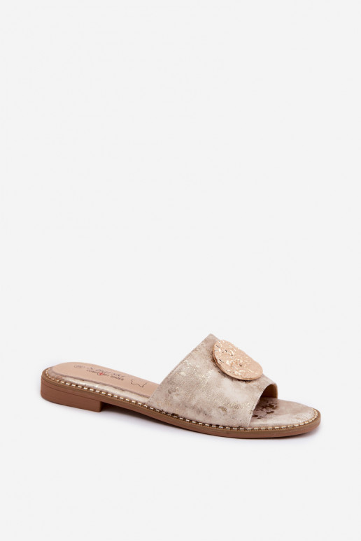 Moteriškos šlepetės Su puošniais Detalem su plačiais kulnais KV61-6034 aukso spalvos