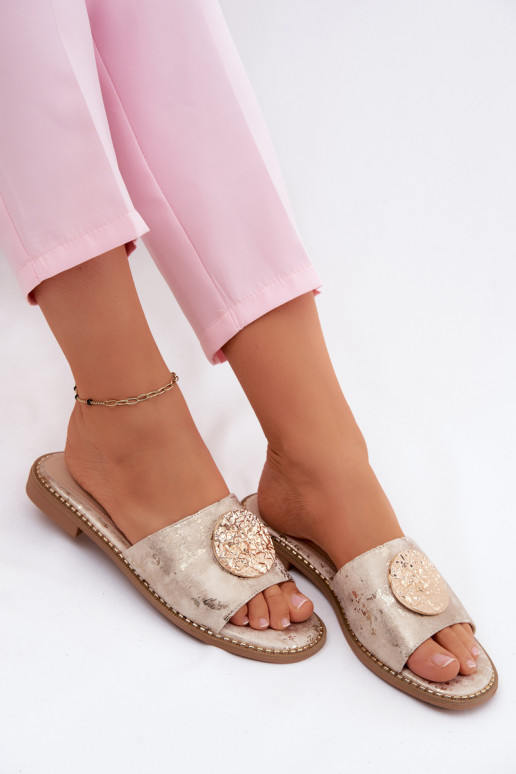 Moteriškos šlepetės Su puošniais Detalem su plačiais kulnais KV61-6034 aukso spalvos