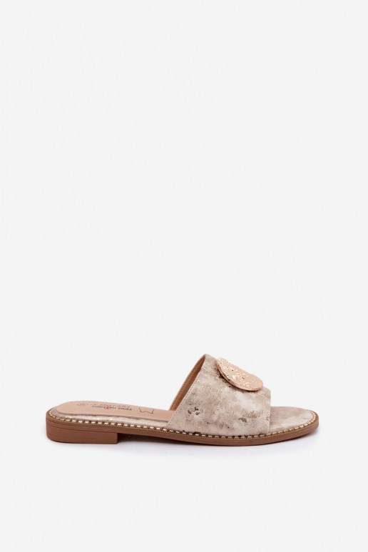 Moteriškos šlepetės Su puošniais Detalem su plačiais kulnais KV61-6034 aukso spalvos