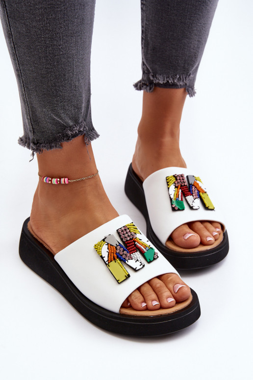 Odinės šlepetės Moteriškas su ornamentais baltos spalvos Asames