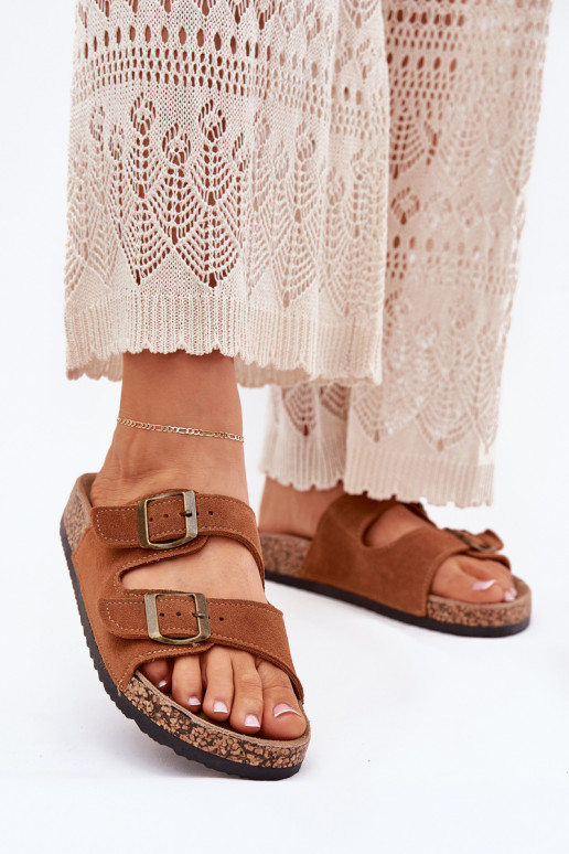 zomšinės šlepetės Ant kamštinio pado su sagtimis rudos spalvos Tavira