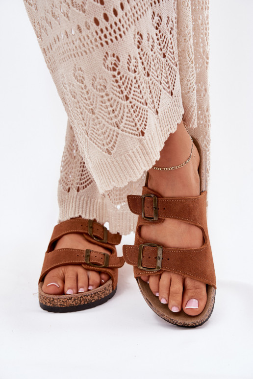 zomšinės šlepetės Ant kamštinio pado su sagtimis rudos spalvos Tavira