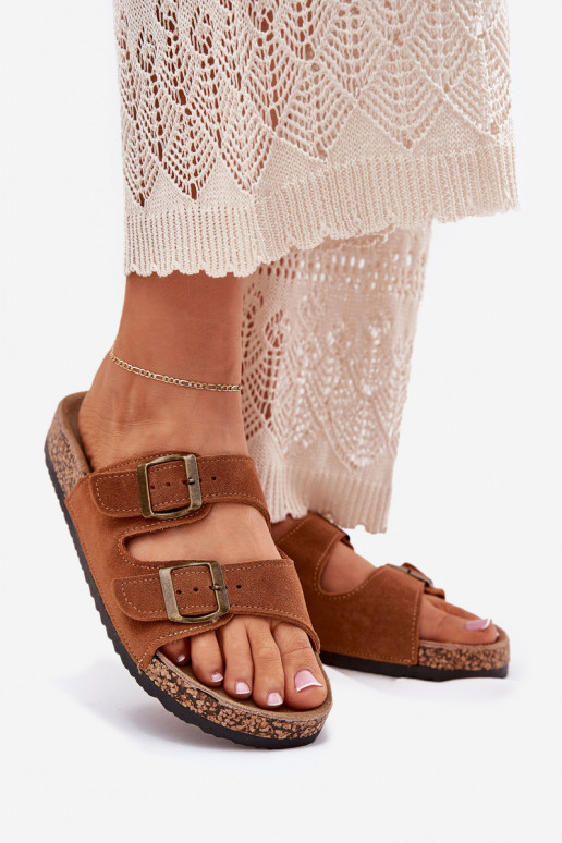 zomšinės šlepetės Ant kamštinio pado su sagtimis rudos spalvos Tavira