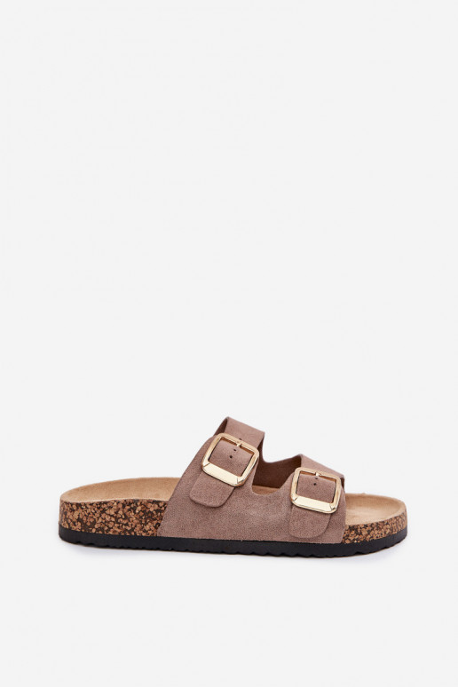 Moteriškos šlepetėssuiš eko zomšosu aukso spalvos su sagtelėmis smėlio spalvos Vorella