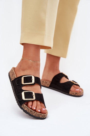 Moteriškos šlepetėssuiš eko zomšosu aukso spalvos su sagtelėmis juodos spalvos Vorella