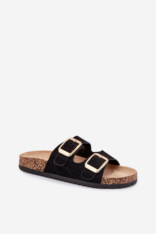 Moteriškos šlepetėssuiš eko zomšosu aukso spalvos su sagtelėmis juodos spalvos Vorella