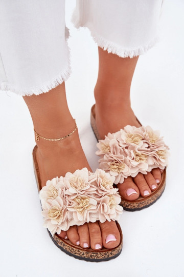 Moteriškos šlepetės Ant kamštinio pado Su puošniaisi su gėlių motyvaiskami smėlio spalvos Seleneza 2