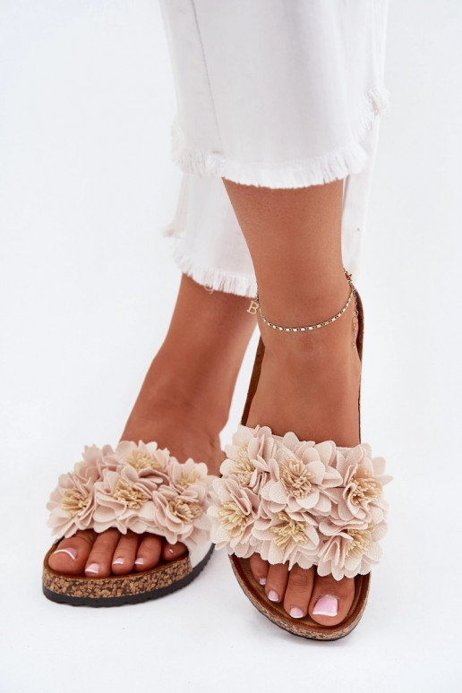 Moteriškos šlepetės Ant kamštinio pado Su puošniaisi su gėlių motyvaiskami smėlio spalvos Seleneza