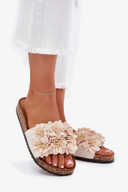 Moteriškos šlepetės Ant kamštinio pado Su puošniaisi su gėlių motyvaiskami smėlio spalvos Seleneza