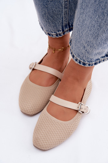 Medžiaginės balerinos su dirželiais I su sagtimis smėlio spalvos Jelisa