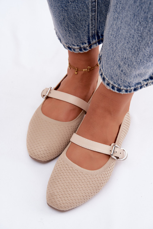 Medžiaginės balerinos su dirželiais I su sagtimis smėlio spalvos Jelisa