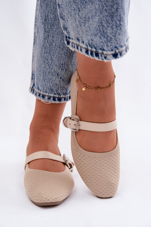 Medžiaginės balerinos su dirželiais I su sagtimis smėlio spalvos Jelisa