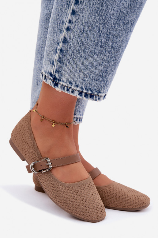 Medžiaginės balerinos su dirželiais I su sagtimis chaki spalvos Jelisa