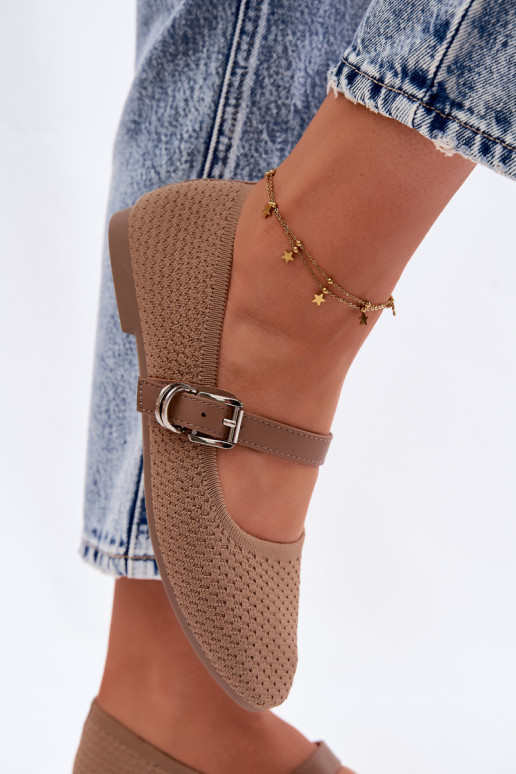 Medžiaginės balerinos su dirželiais I su sagtimis chaki spalvos Jelisa