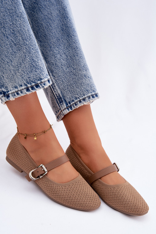 Medžiaginės balerinos su dirželiais I su sagtimis chaki spalvos Jelisa