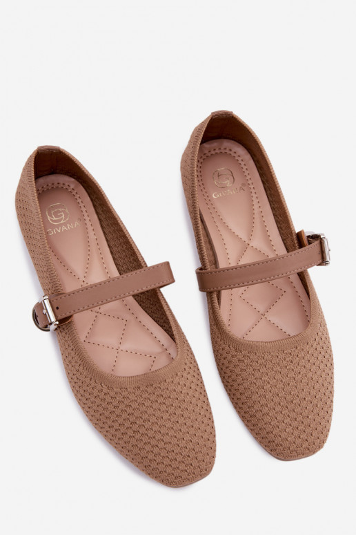 Medžiaginės balerinos su dirželiais I su sagtimis chaki spalvos Jelisa