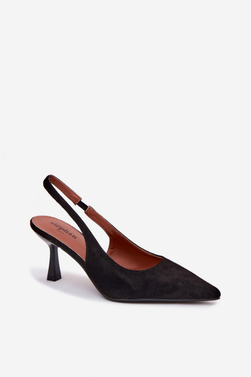 Moteriškos basutės su plonais kulniukaissuImitacji iš zomšosu juodos spalvos Saria