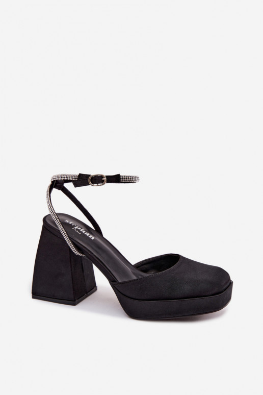 Moteriškos basutės Ant masyvių kulnų Typu Słupek Pasek su tviskančiomis akutėmis juodos spalvos Seraphina