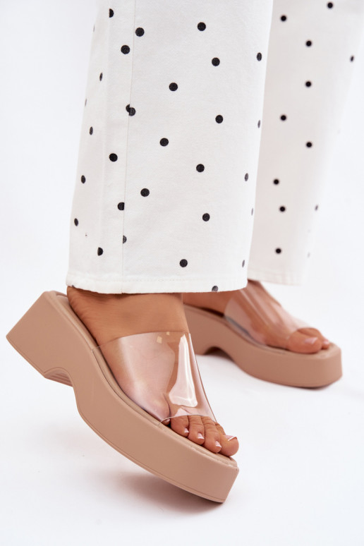 Moteriškos šlepetės su platformasuTransparentnym Juostelėsem smėlio spalvos Selestia