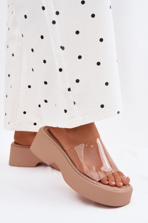 Moteriškos šlepetės su platformasuTransparentnym Juostelėsem smėlio spalvos Selestia