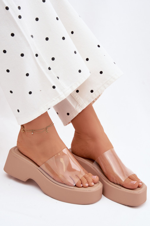 Moteriškos šlepetės su platformasuTransparentnym Juostelėsem smėlio spalvos Selestia