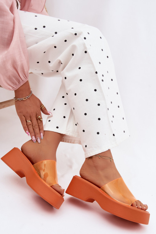 Moteriškos šlepetės su platformasuTransparentnym Juostelėsem oranžinės spalvos Selestia