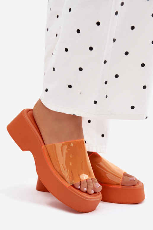 Moteriškos šlepetės su platformasuTransparentnym Juostelėsem oranžinės spalvos Selestia