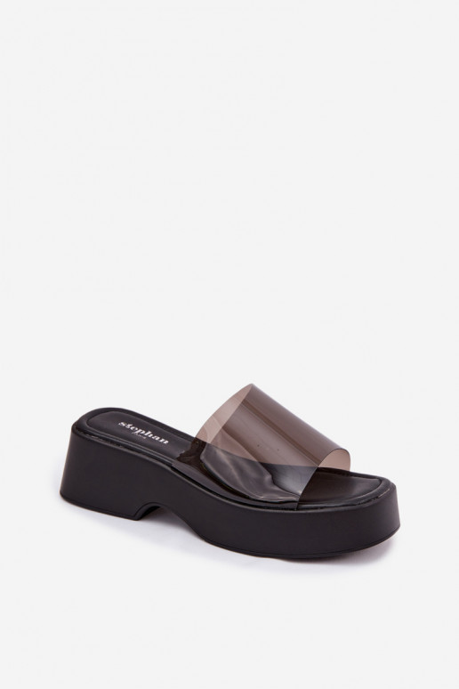 Moteriškos šlepetės su platformasuTransparentnym Juostelėsem juodos spalvos Selestia