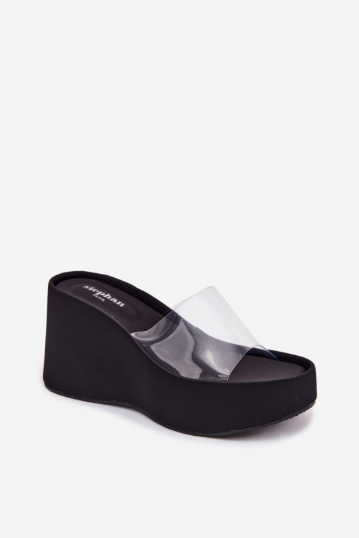 Moteriškos šlepetės su platformasuTransparentnym Juostelėsem juodos spalvos Zolretia