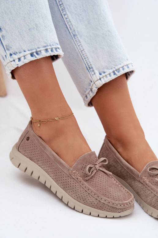 moteriški mokasinaisuĮjungtaturalnego iš zomšosu su kaspinais Vinceza 95401 smėlio spalvos