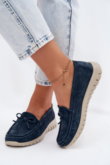 moteriški mokasinaisuĮjungtaturalnego iš zomšosu su kaspinais Vinceza 95401 tamsiai mėlynos spalvos