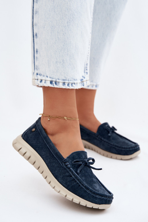 moteriški mokasinaisuĮjungtaturalnego iš zomšosu su kaspinais Vinceza 95401 tamsiai mėlynos spalvos