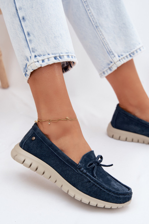 moteriški mokasinaisuĮjungtaturalnego iš zomšosu su kaspinais Vinceza 95401 tamsiai mėlynos spalvos