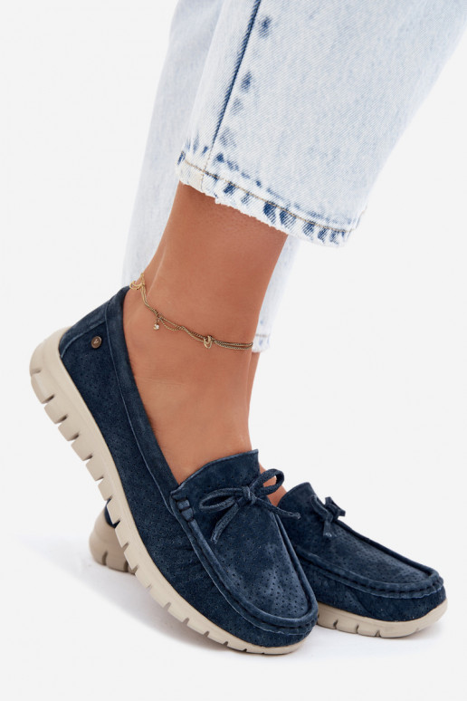 moteriški mokasinaisuĮjungtaturalnego iš zomšosu su kaspinais Vinceza 95401 tamsiai mėlynos spalvos