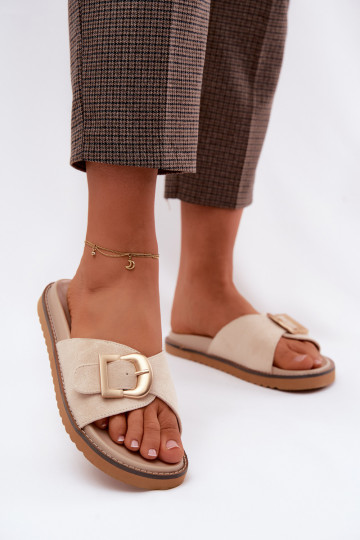 Moteriškos šlepetės su aukso spalvos sagtimis dramblio kaulo spalvos Elviane 2